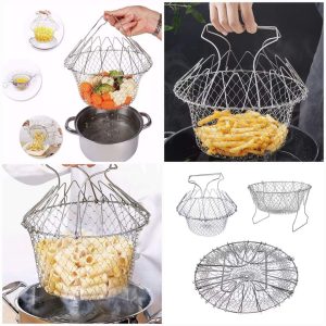A collage of images showcasing a 12-in-1 Stainless Steel Chef Basket being used for multipurpose frying, cooking, and boiling. The images demonstrate the collapsible mesh basket's versatility: lifting steamed vegetables from a pot, deep frying French fries, and draining boiled pasta. Additional views show the foldable design in different configurations, including a standalone colander and a flat-folding storage position.