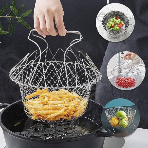 Gemini said A 12-in-1 Stainless Steel Chef Basket being used for deep frying French fries in a pot of oil. The image showcases the versatile, foldable mesh design with inset photos demonstrating its use for steaming vegetables, rinsing fruit under a tap, and serving as a standalone countertop colander.