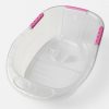 Clear, ergonomic 30-inch large baby bath tub for growing toddlers featuring pink non-slip handles, a built-in safety seat, and a spacious basin for comfortable infant bathing.