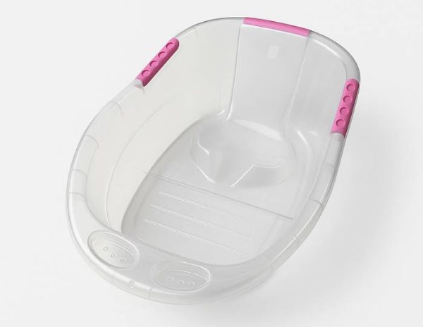 Clear, ergonomic 30-inch large baby bath tub for growing toddlers featuring pink non-slip handles, a built-in safety seat, and a spacious basin for comfortable infant bathing.