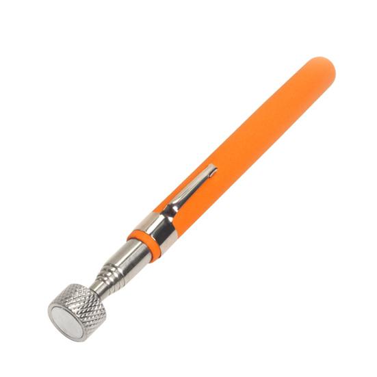 Telescopic magnetic pickup tool with orange handle, pocket clip, and extendable silver stick retrieving small metal parts.