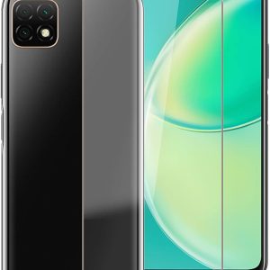 High-definition tempered glass screen protector being applied to a black Huawei Enjoy 20, Nova Y60, or Honor Play 5T Youth smartphone, featuring a precise dewdrop notch cutout and 9H hardness protection.