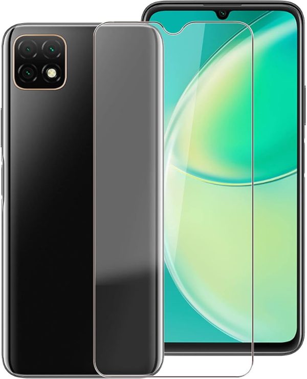 High-definition tempered glass screen protector being applied to a black Huawei Enjoy 20, Nova Y60, or Honor Play 5T Youth smartphone, featuring a precise dewdrop notch cutout and 9H hardness protection.