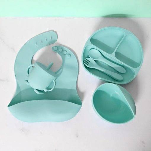 6-Piece Non-Toxic Silicone Baby Feeding Set with Panda Suction Bowl, Bib, Plate, Cup, Spoon & Fork product shot displaying key design features and visual details for e-commerce cataloging.