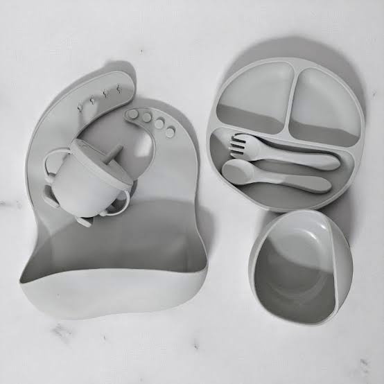 6-Piece Non-Toxic Silicone Baby Feeding Set with Panda Suction Bowl, Bib, Plate, Cup, Spoon & Fork product shot displaying key design features and visual details for e-commerce cataloging.