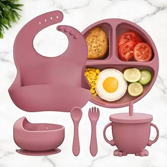 6-Piece Non-Toxic Silicone Baby Feeding Set with Panda Suction Bowl, Bib, Plate, Cup, Spoon & Fork product shot displaying key design features and visual details for e-commerce cataloging.