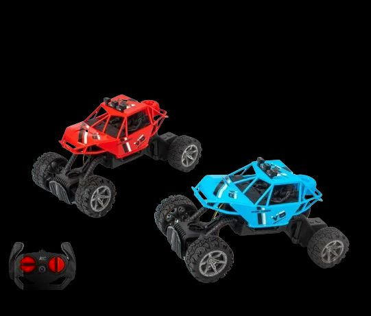 The Eagle 3 Remote Control Off-Road Jeep Style Toy Vehicle features a rugged open roll-cage design with large off-road tires, displayed in vibrant red and blue color options alongside a black remote controller.