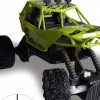 The Eagle 3 Remote Control Off-Road Jeep Style Toy Vehicle features a bright lime green open-cockpit body with black decals, oversized knobby off-road tires, high-clearance suspension springs, roof-mounted spotlights, and an included black handheld remote controller.