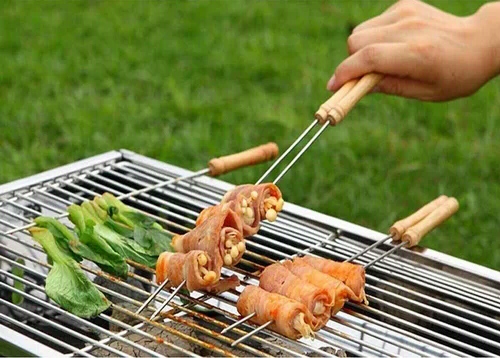 Extra Thick Stainless Steel BBQ Skewers with Wooden Handles for Kebab & Tandoor product shot displaying key design features and visual details for e-commerce cataloging.