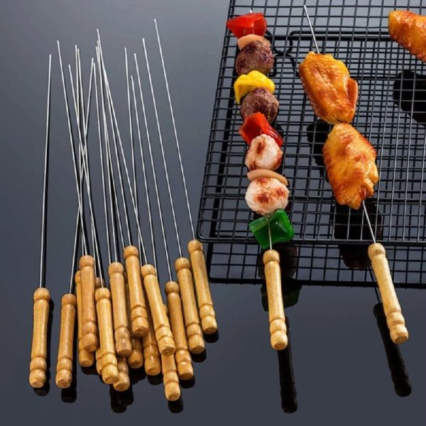 Extra Thick Stainless Steel BBQ Skewers with Wooden Handles for Kebab & Tandoor product shot displaying key design features and visual details for e-commerce cataloging.