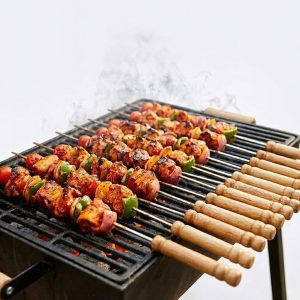 Extra Thick Stainless Steel BBQ Skewers with Wooden Handles for Kebab & Tandoor product shot displaying key design features and visual details for e-commerce cataloging.
