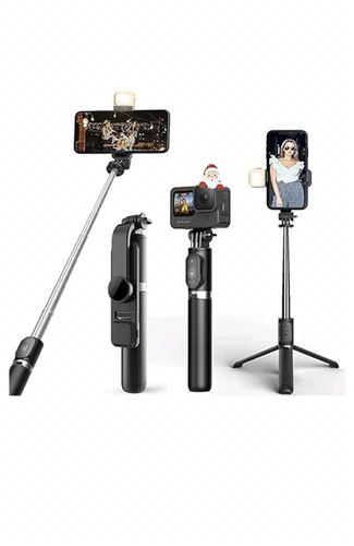 The black and silver R1S Selfie Stick with Integrated Flash and Multi-Color Light features an extendable pole, a foldable tripod stand, a built-in fill light, and interchangeable mounts for smartphones and action cameras.