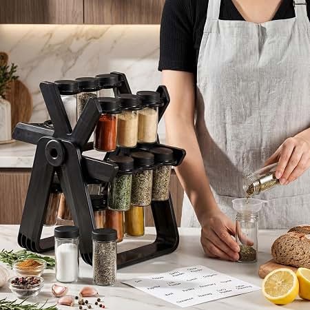 Rotating Spice Rack Organizer with 18 Glass Jars and Kitchen Labels product shot displaying key design features and visual details for e-commerce cataloging.