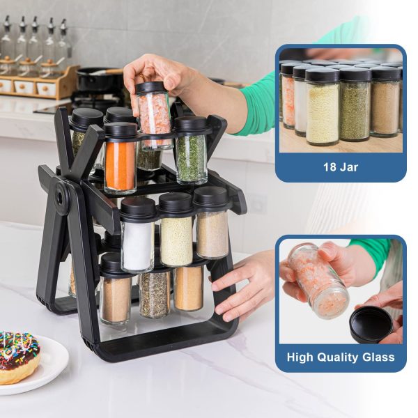 Rotating Spice Rack Organizer with 18 Glass Jars and Kitchen Labels product shot displaying key design features and visual details for e-commerce cataloging.