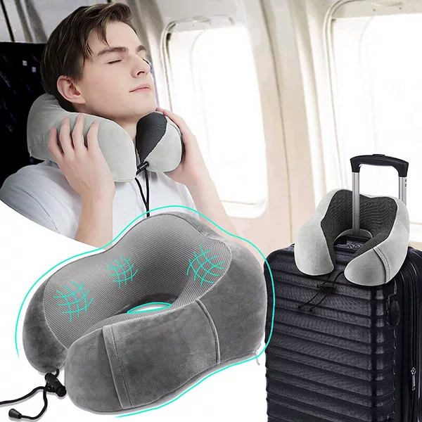U-Shaped Memory Foam Travel Neck Pillow with Massage and Cervical Support product shot displaying key design features and visual details for e-commerce cataloging.