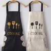 Two High-Quality Waterproof & Oil-Proof Adult Cooking Aprons are displayed in black and beige, featuring printed kitchen utensil graphics, a front pocket with "COOKING" text, and soft side hand-drying towels.
