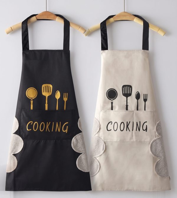 Two High-Quality Waterproof & Oil-Proof Adult Cooking Aprons are displayed in black and beige, featuring printed kitchen utensil graphics, a front pocket with "COOKING" text, and soft side hand-drying towels.