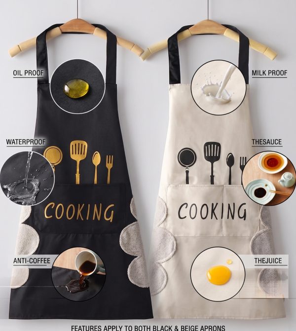 The High-Quality Waterproof & Oil-Proof Adult Cooking Apron is displayed in black and beige options, featuring a front storage pocket printed with COOKING, kitchen utensil graphics, built-in side hand-wiping towels, and liquid-repellent fabric.