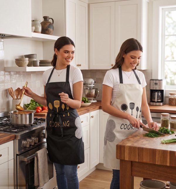 The High-Quality Waterproof & Oil-Proof Adult Cooking Apron is displayed in black and off-white variations, featuring printed kitchen utensil graphics, bold text, and built-in soft grey side towels for conveniently wiping hands while cooking.