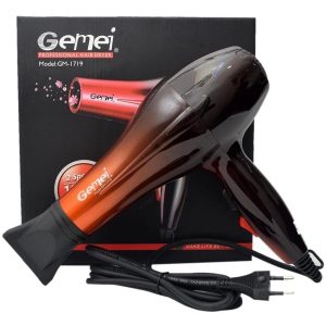 The Gemei GM-1719 Professional Handheld Hair Dryer features a glossy metallic copper and dark brown body with a black concentrator nozzle, red control switch, attached power cord, and its branded black packaging box in the background.