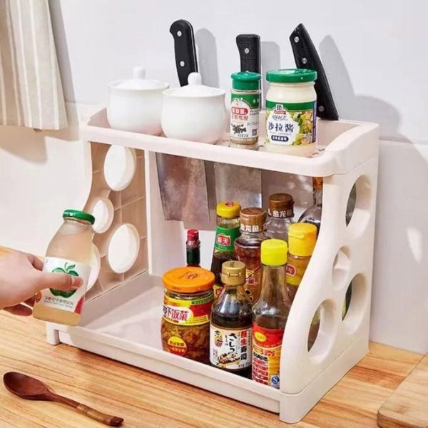 Polygon 2-Tier Drill-Free Plastic Kitchen Spice Rack Organizer with Knife Holder (1) Polygon 2-Tier Drill-Free Plastic Kitchen Spice Rack Organizer with Knife Holder product shot displaying key design features and visual details for e-commerce cataloging.