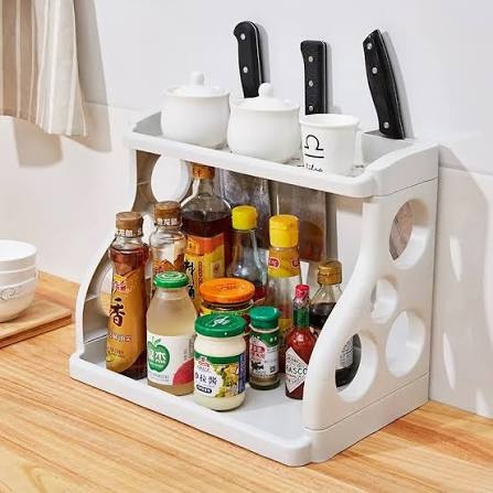 Polygon 2-Tier Drill-Free Plastic Kitchen Spice Rack Organizer with Knife Holder (2) Polygon 2-Tier Drill-Free Plastic Kitchen Spice Rack Organizer with Knife Holder