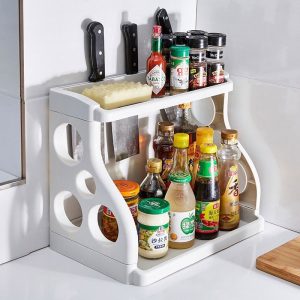 Polygon 2-Tier Drill-Free Plastic Kitchen Spice Rack Organizer with Knife Holder product shot displaying key design features and visual details for e-commerce cataloging.